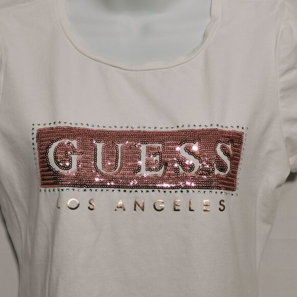 White with Pink Sequins and White Rhinestones Tee Size S EUC #67 - Picture 2 of 7